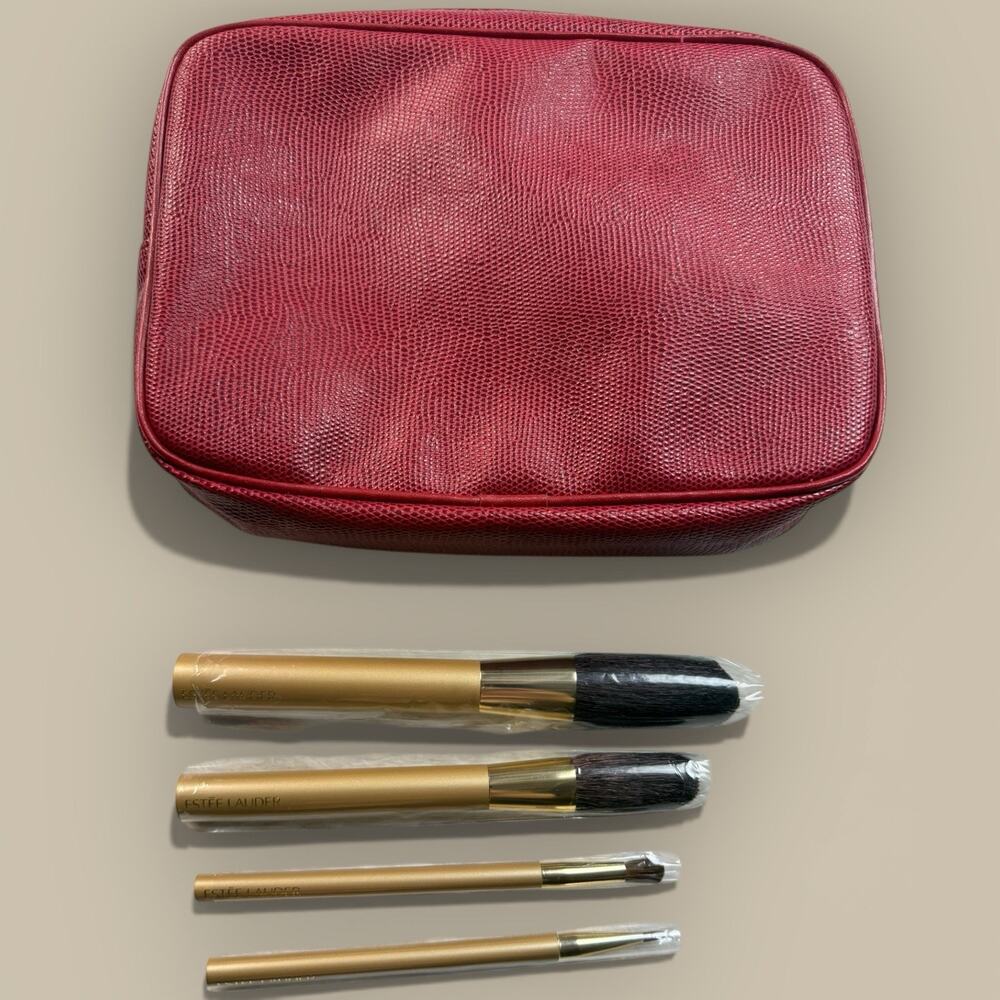 Estée Lauder Brush Set Powder Blush Eye Lip Red Makeup Cosmetic Bag Brand New